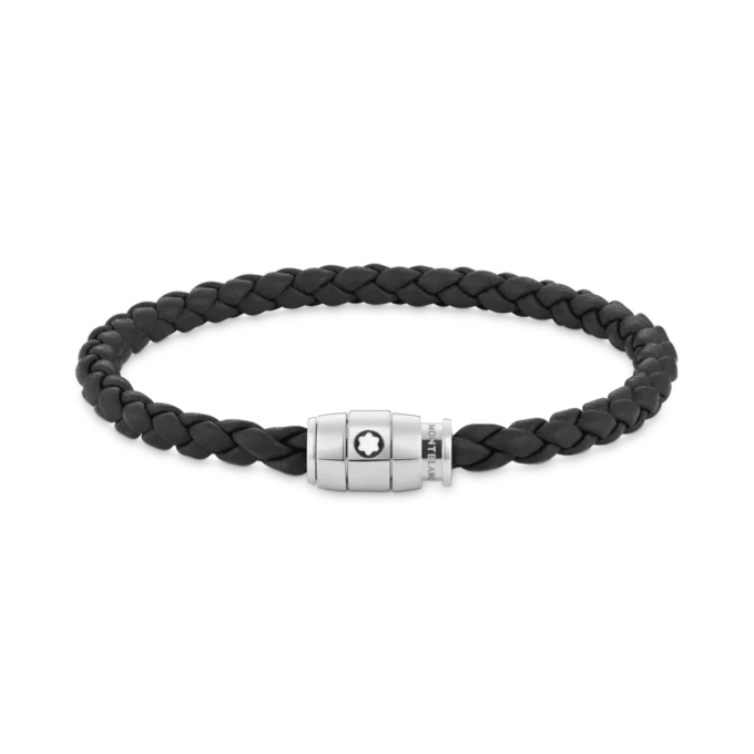 Armband aus Stahl mit 3 Ringen und schwarzem Leder
