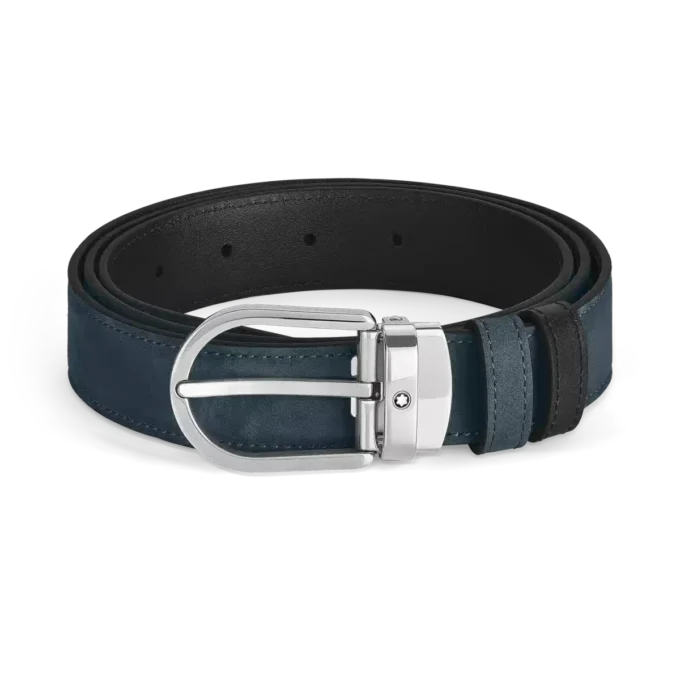 Hufeisen-Schnalle, samtblau/schwarz, 30 mm, wendbarer Ledergürtel