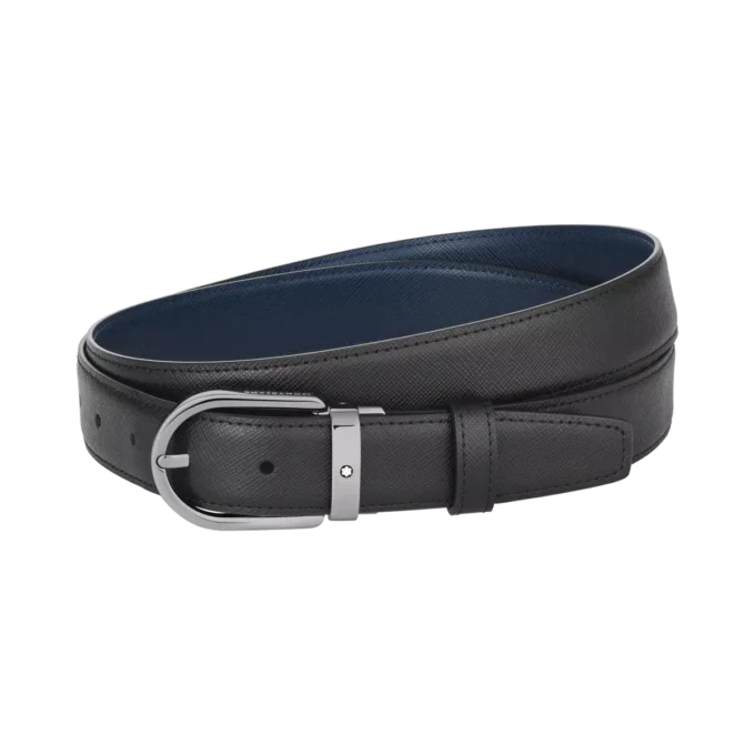 Hufeisenförmige Schnalle schwarz/blau 30 mm Wende-Ledergürtel Hufeisenförmige Schnalle schwarz/blau 30 mm Wende-Ledergürtel