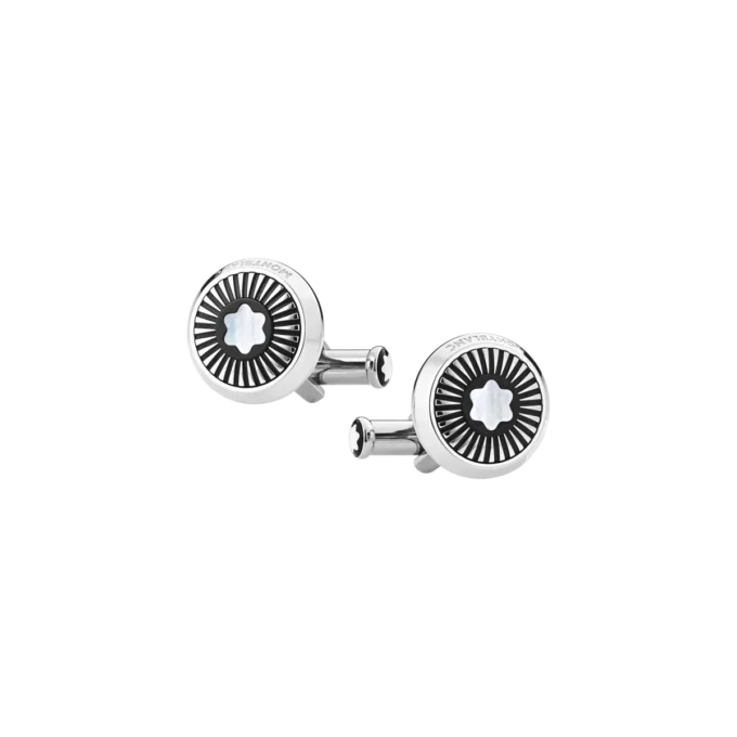 Manschettenknöpfe, rund, aus Edelstahl mit Strahlenmuster und Emblem aus Perlmutt mit Schneekappe Manschettenknöpfe, rund, aus Edelstahl mit Strahlenmuster und Emblem aus Perlmutt mit Schneekappe