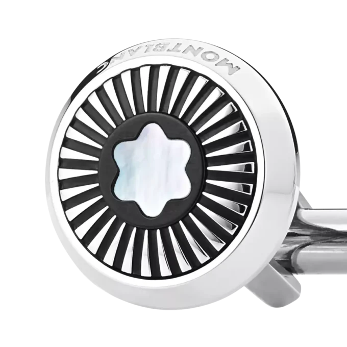 Manschettenknöpfe, rund, aus Edelstahl mit Strahlenmuster und Emblem aus Perlmutt mit Schneekappe Manschettenknöpfe, rund, aus Edelstahl mit Strahlenmuster und Emblem aus Perlmutt mit Schneekappe