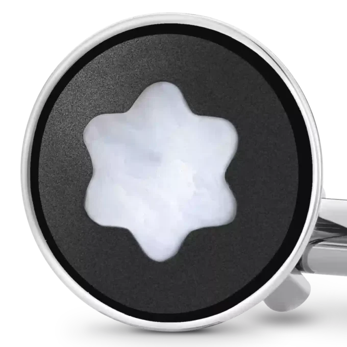 Runde Manschettenknöpfe aus Edelstahl mit schwarzer PVD-Einlage und Emblem aus Perlmutt in Schneekappe-Optik Runde Manschettenknöpfe aus Edelstahl mit schwarzer PVD-Einlage und Emblem aus Perlmutt in Schneekappe-Optik